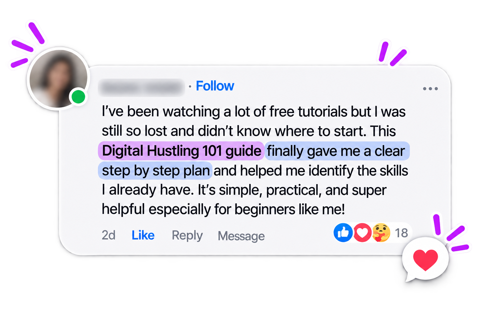 Student testimonial about the Digital Hustling 101 guide
