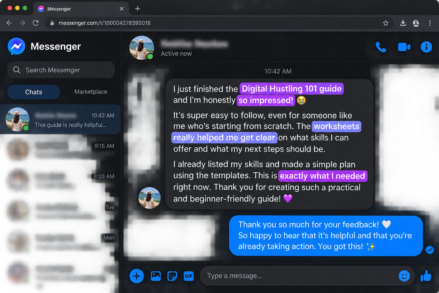 Student feedback message about the Digital Hustling 101 guide